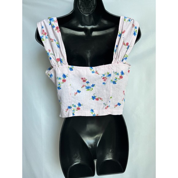 Forever 21 Barbiecore Linen Crop Top Floral Size M Ruffles Pink Button Front - Picture 2 of 10